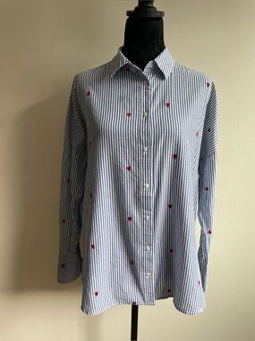 HKR Collections Heart Embroidered Striped Button Up Shirt 100% Cotton Size M
